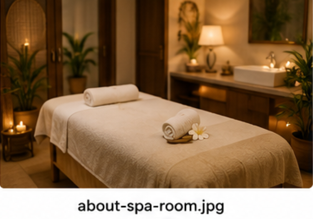 Warm spa room with treatment beds and ambient lighting